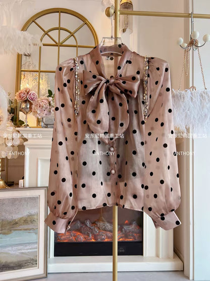 Women's Autumn 2026 Vintage Polka-Dot Chiffon Blouse – Long-Sleeve Shirt Featuring an Elaborate Rhinestone-Embellished Bow