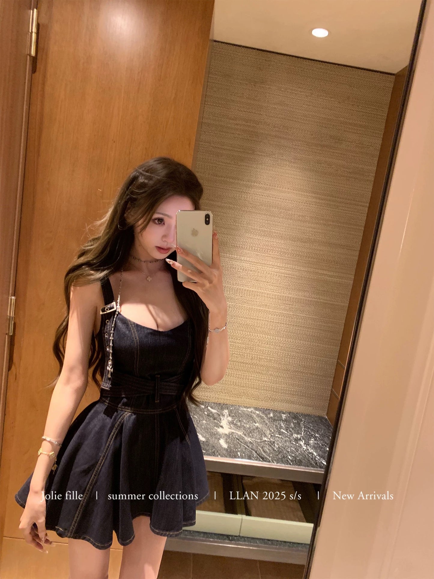 Your Lazy Llan [Bach Old Testament] Backless Off-Shoulder Belt Awning Versatile Denim Dress for Women