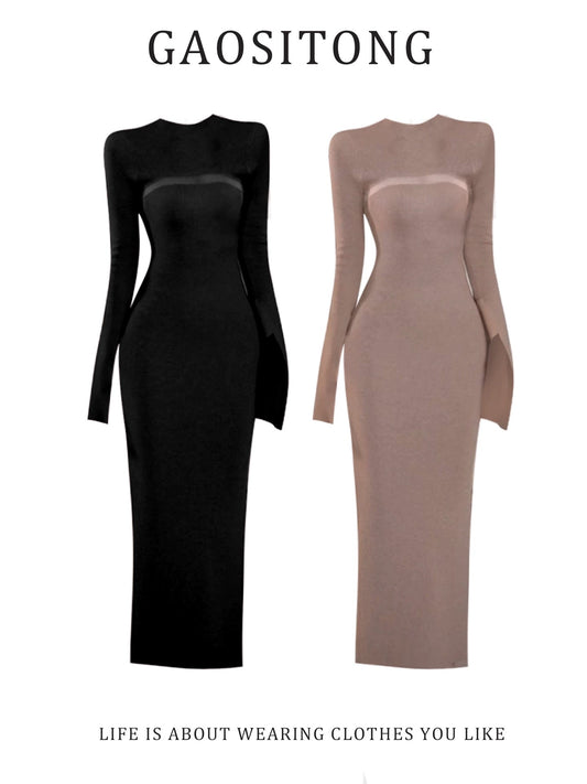 GAOSITONG Pure and Sexy High-Neck Knitted Dress for Women, Autumn/Winter 2025, Mesh Patchwork Bodycon Long Skirt