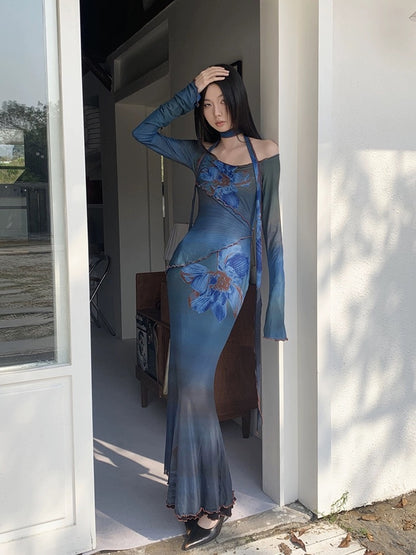 New Chinese-style printed mesh two-wear one-shoulder dress for women, high-end atmosphere, temperament, waisted fishtail long skirt