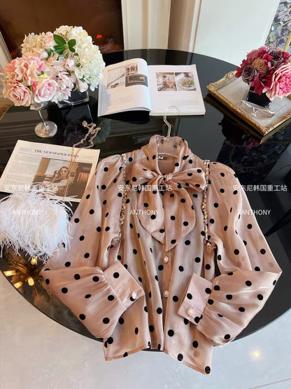 Women's Autumn 2026 Vintage Polka-Dot Chiffon Blouse – Long-Sleeve Shirt Featuring an Elaborate Rhinestone-Embellished Bow