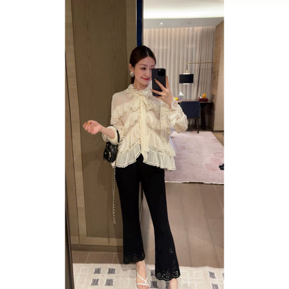 W·HAHA [Annual Must-Have Pants] High-Waisted Slim-Fit Casual Pants with Lace Trim Design 60965