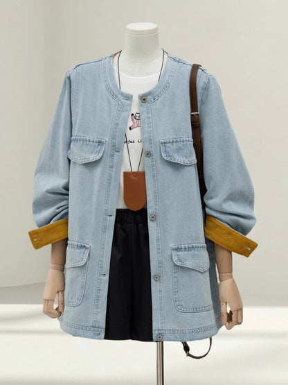 Hong Kong style retro round neck denim jacket women 2025 spring and autumn small size super good looking loose casual jacket top