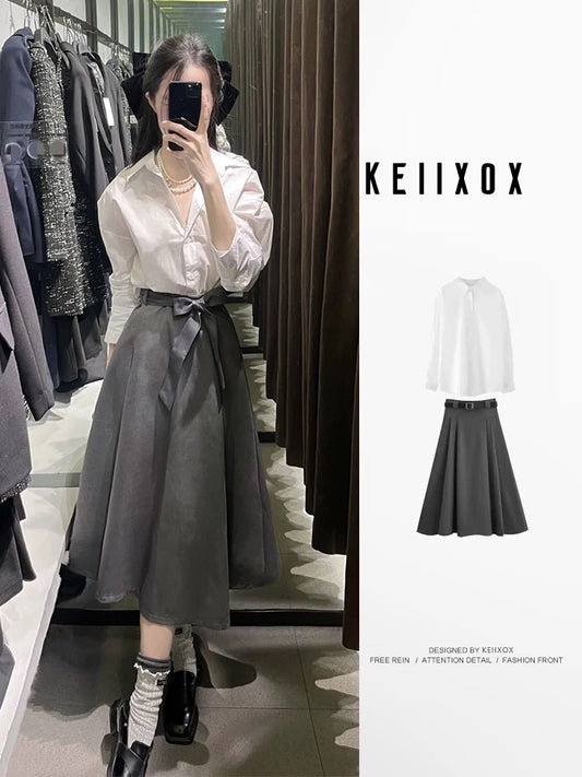 A complete set of ootd outfits for a younger look, a high-end spring suit, a long-sleeved shirt top, a high-waisted skirt, two-piece suit