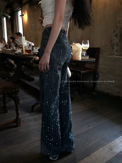 Lattitude/Yang Xiaolu Ning Luo Xinghe dark blue distressed shiny starry sky hot diamond straight jeans for women