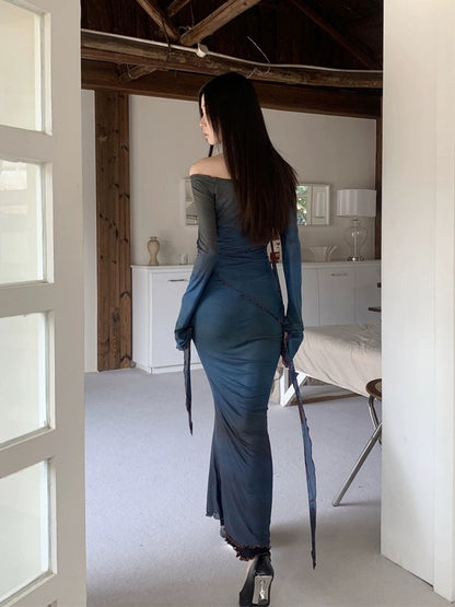 New Chinese-style printed mesh two-wear one-shoulder dress for women, high-end atmosphere, temperament, waisted fishtail long skirt