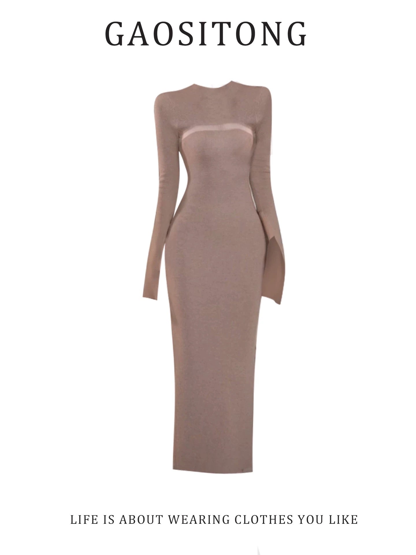 GAOSITONG Pure and Sexy High-Neck Knitted Dress for Women, Autumn/Winter 2025, Mesh Patchwork Bodycon Long Skirt