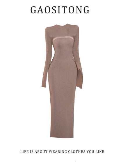 GAOSITONG Pure and Sexy High-Neck Knitted Dress for Women, Autumn/Winter 2025, Mesh Patchwork Bodycon Long Skirt