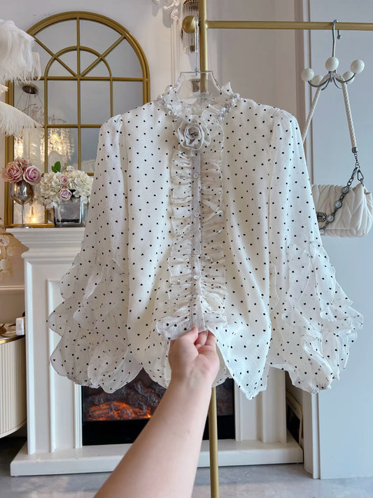 Women's Polka-Dot Lantern-Sleeve Chiffon Blouse (2026 Autumn/Winter New Arrival): Loose-Fit, Versatile Shirt Featuring Elaborate Rhinestone Embellishments and Ruffle Details.