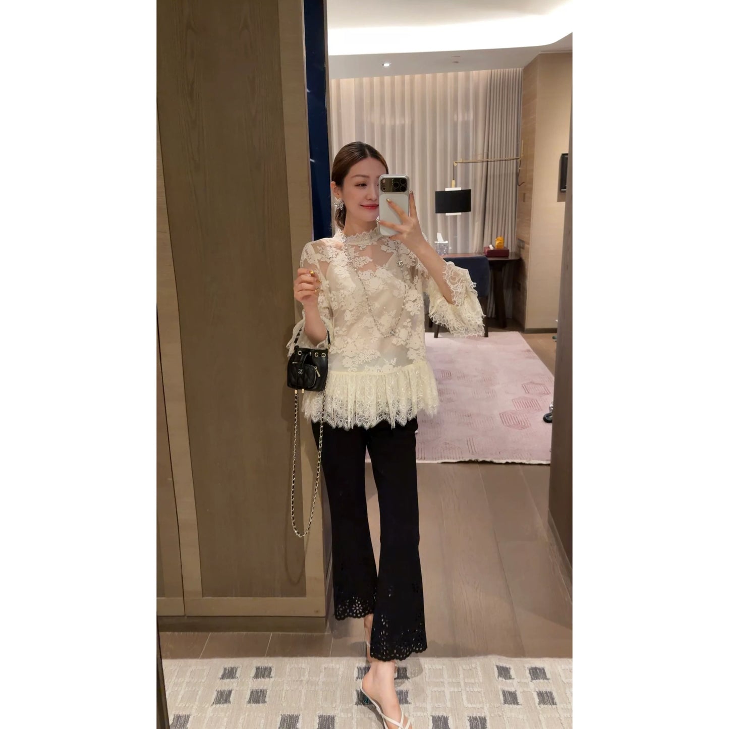 W·HAHA [Annual Must-Have Pants] High-Waisted Slim-Fit Casual Pants with Lace Trim Design 60965