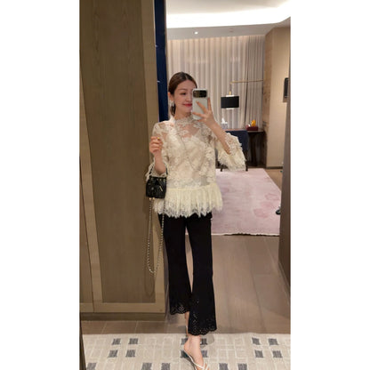 W·HAHA [Annual Must-Have Pants] High-Waisted Slim-Fit Casual Pants with Lace Trim Design 60965