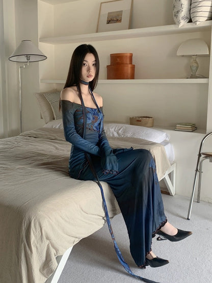 New Chinese-style printed mesh two-wear one-shoulder dress for women, high-end atmosphere, temperament, waisted fishtail long skirt