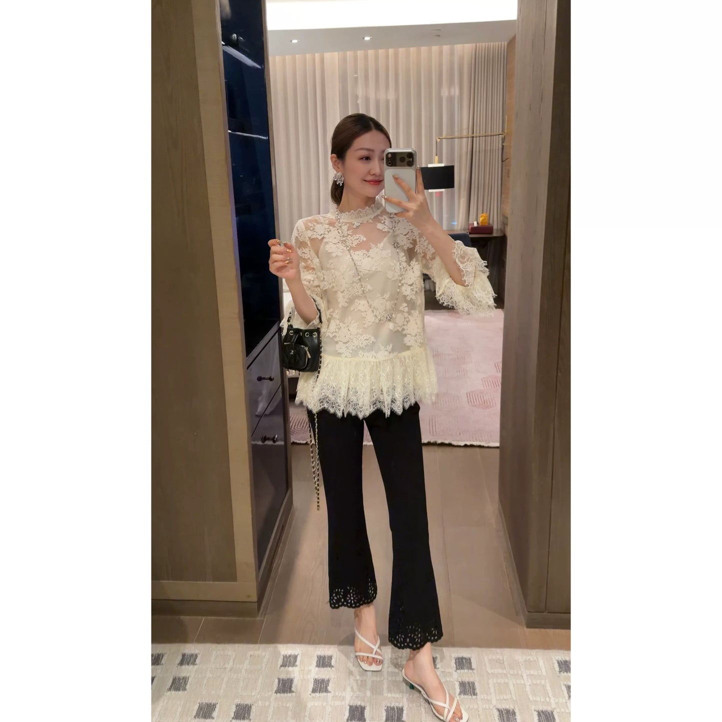 W·HAHA [Annual Must-Have Pants] High-Waisted Slim-Fit Casual Pants with Lace Trim Design 60965