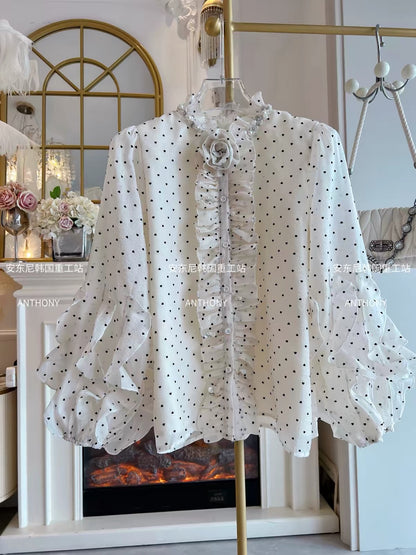 Women's Polka-Dot Lantern-Sleeve Chiffon Blouse (2026 Autumn/Winter New Arrival): Loose-Fit, Versatile Shirt Featuring Elaborate Rhinestone Embellishments and Ruffle Details.