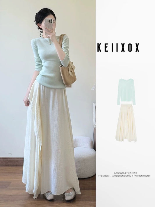 2025 super hot spring outfit a complete set of ootd outfit beautiful knitted sweater top lace skirt two-piece suit