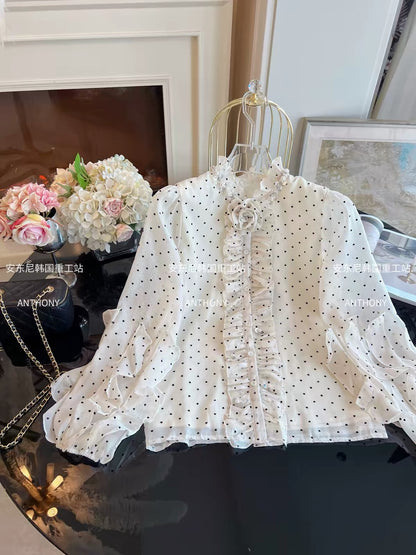 Women's Polka-Dot Lantern-Sleeve Chiffon Blouse (2026 Autumn/Winter New Arrival): Loose-Fit, Versatile Shirt Featuring Elaborate Rhinestone Embellishments and Ruffle Details.