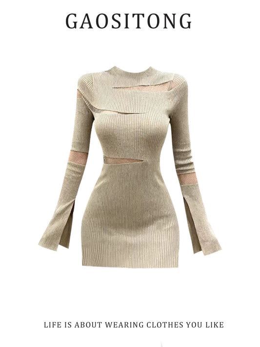 GAOSITONG Pure Desire Mesh Hollow-Out Knit Dress for Women, Autumn/Winter 2025, Sexy, Slimming, Bodycon Skirt