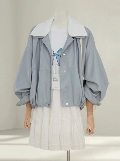Korean blue leather jacket for women 2025 autumn new style hot style stylish age-reducing loose PU leather jacket top trend