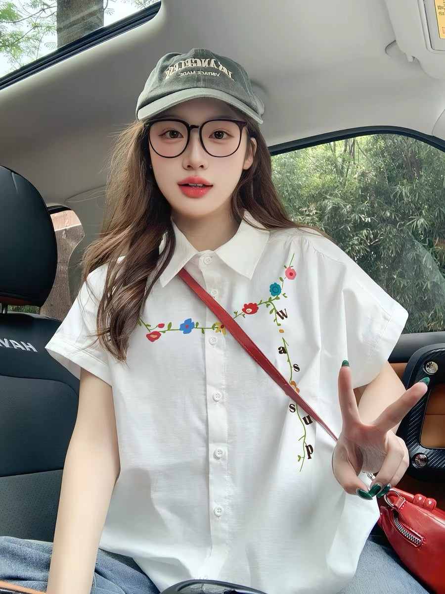 2025 New White Short-Sleeve Shirt for Women, Loose Fit, Youthful, Niche Trendy Brand, Small Flutter Sleeve Shirt Top