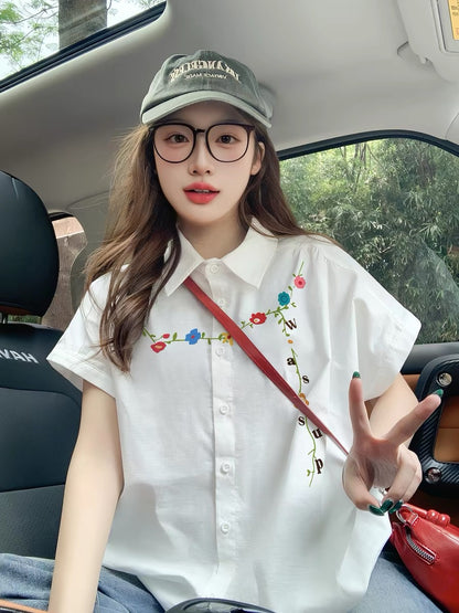 2025 New White Short-Sleeve Shirt for Women, Loose Fit, Youthful, Niche Trendy Brand, Small Flutter Sleeve Shirt Top
