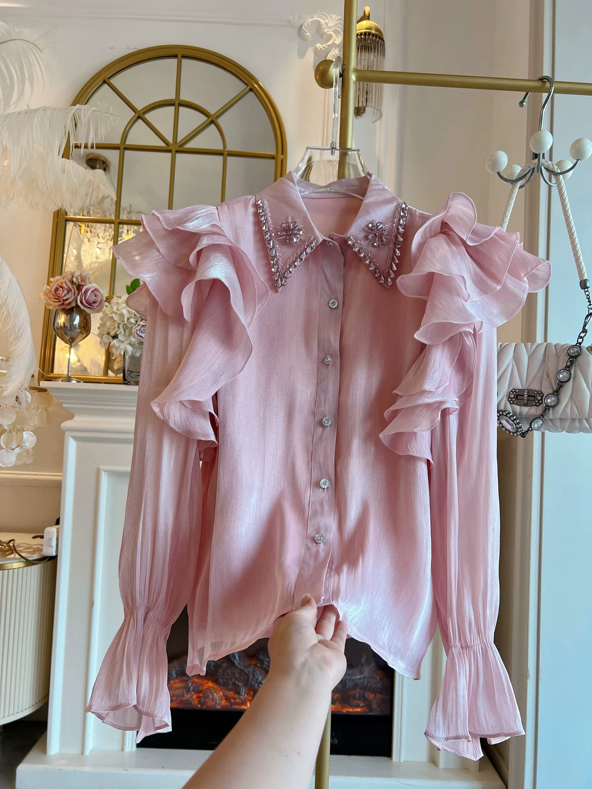 Women's Autumn 2026 Long-Sleeve Chiffon Shirt: Loose Fit, Single-Breasted, Ruffled, and Featuring Elaborate Rhinestone Embellishments.