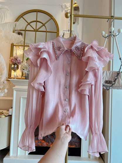 Women's Autumn 2026 Long-Sleeve Chiffon Shirt: Loose Fit, Single-Breasted, Ruffled, and Featuring Elaborate Rhinestone Embellishments.