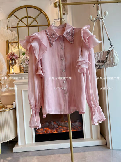 Women's Autumn 2026 Long-Sleeve Chiffon Shirt: Loose Fit, Single-Breasted, Ruffled, and Featuring Elaborate Rhinestone Embellishments.