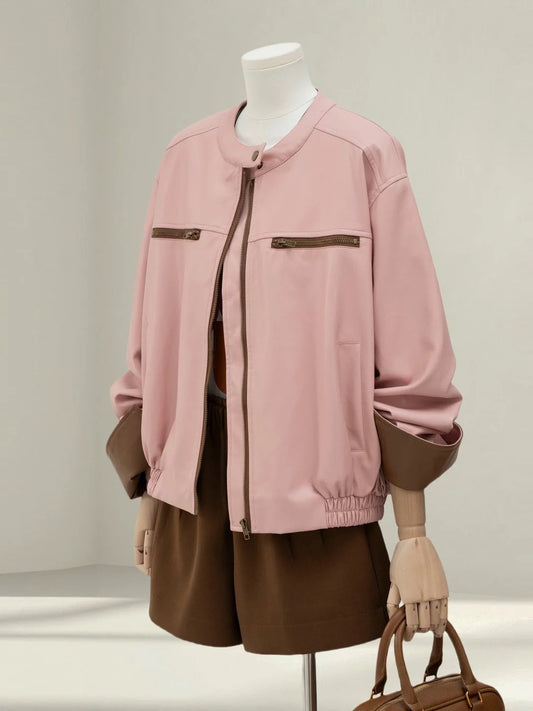Pink super beautiful stand collar leather jacket women 2025 spring and autumn new small PU leather jacket short top hứ