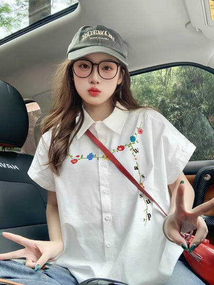 2025 New White Short-Sleeve Shirt for Women, Loose Fit, Youthful, Niche Trendy Brand, Small Flutter Sleeve Shirt Top
