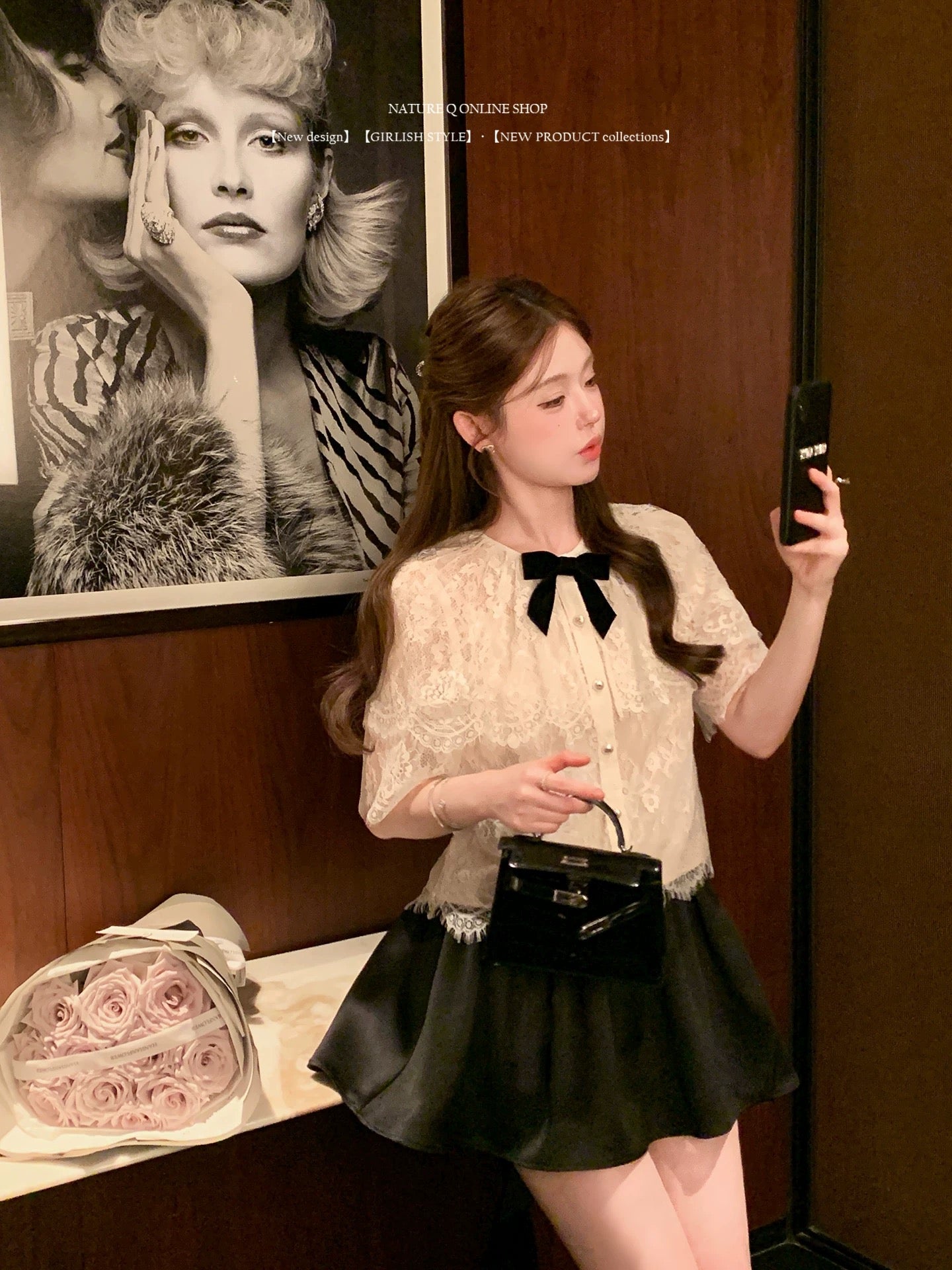 Yang Xiaojuan's French retro-style lace blouse/shirt, cape-style faux two-piece white top with bow.