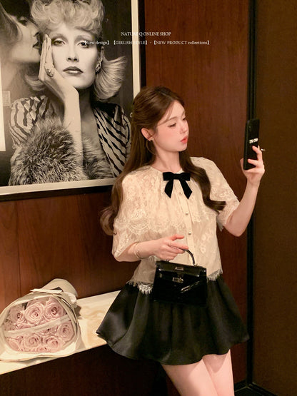 Yang Xiaojuan's French retro-style lace blouse/shirt, cape-style faux two-piece white top with bow.