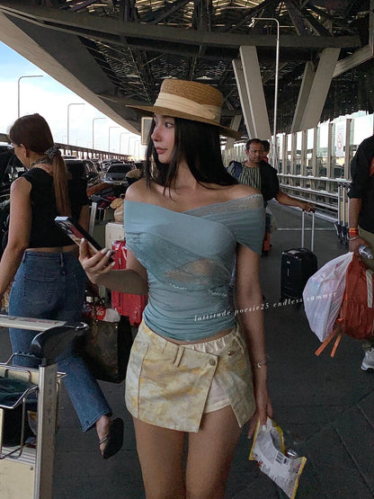 Lattitude/Yang Xiaolu Cross-design lace stitching multiple ways to wear off the shoulder short-sleeved T-shirt top