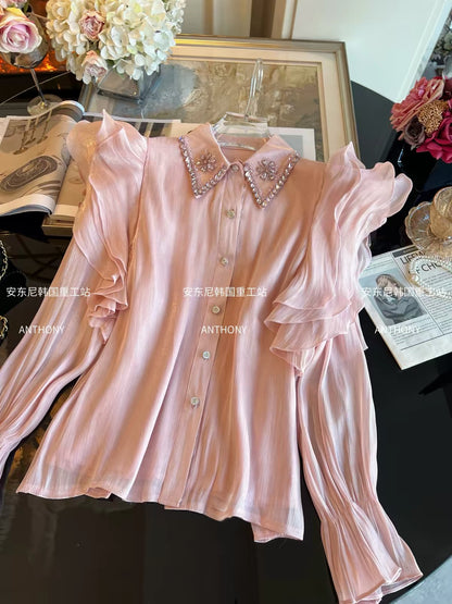 Women's Autumn 2026 Long-Sleeve Chiffon Shirt: Loose Fit, Single-Breasted, Ruffled, and Featuring Elaborate Rhinestone Embellishments.