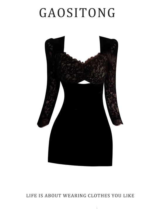 GAOSITONG Mature Style Lace Hollow-Out Long-Sleeved Dress for Women, Autumn/Winter 2025, Sexy Slim Waist Bodycon Mini Skirt