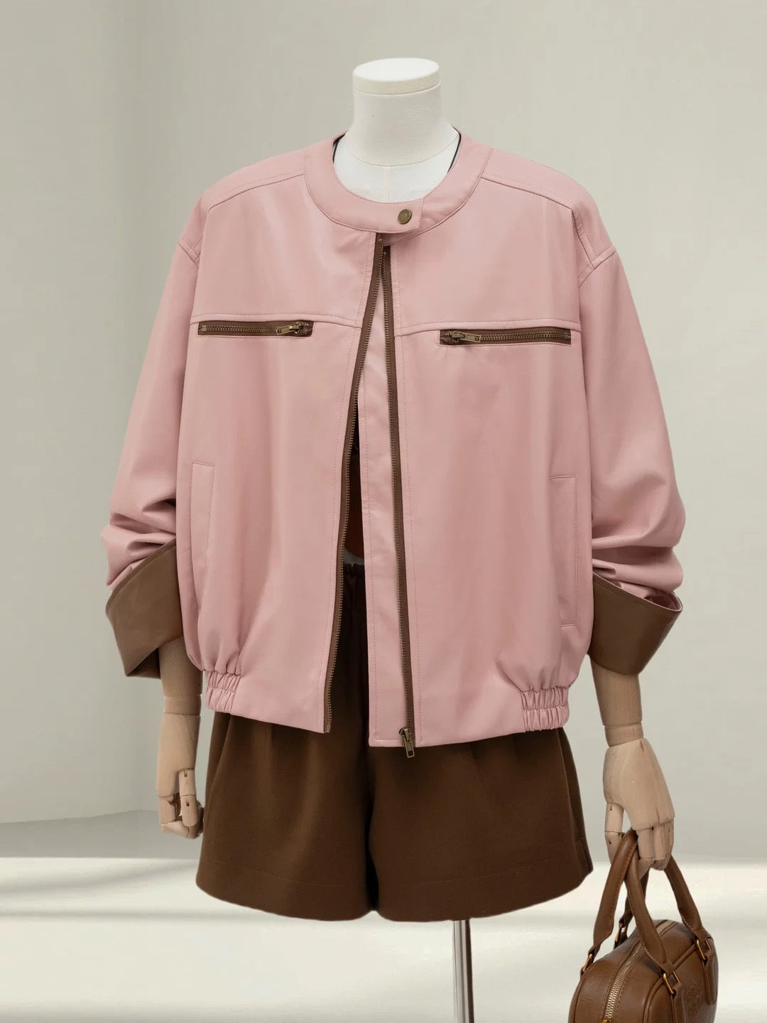 Pink super beautiful stand collar leather jacket women 2025 spring and autumn new small PU leather jacket short top hứ