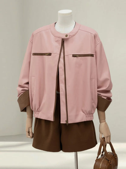 Pink super beautiful stand collar leather jacket women 2025 spring and autumn new small PU leather jacket short top hứ