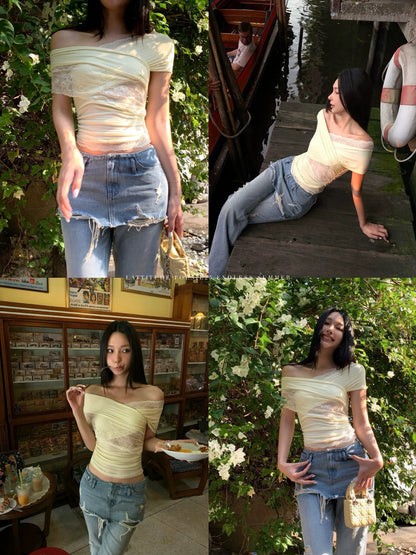 Lattitude/Yang Xiaolu Cross-design lace stitching multiple ways to wear off the shoulder short-sleeved T-shirt top