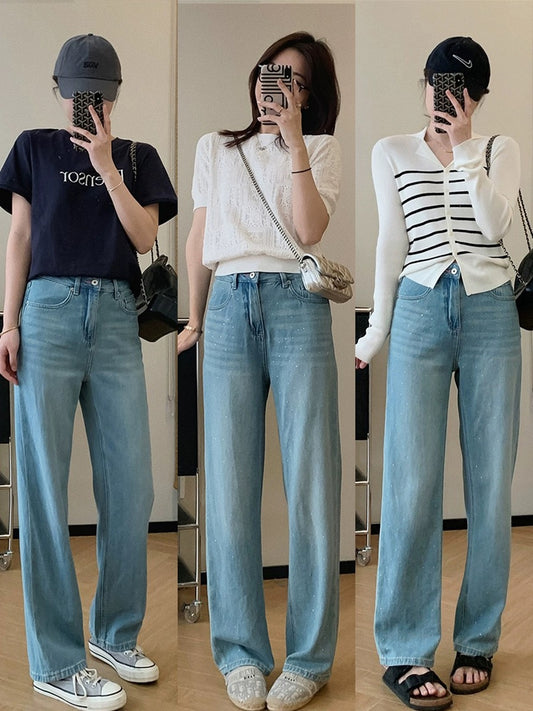 Dading homemade sea salt hot diamond! Light color lyocell handmade white wide leg pants for women spring and summer high waist jeans