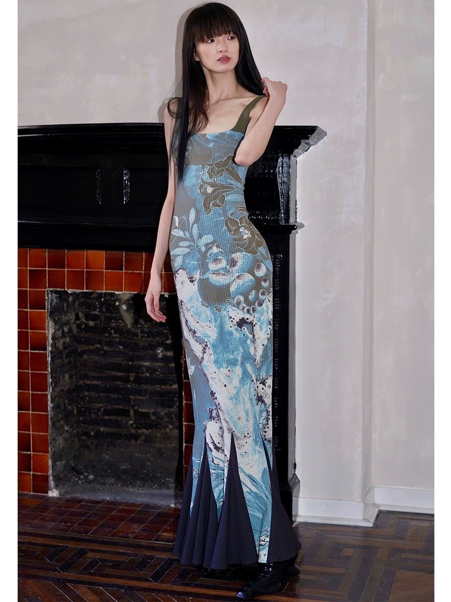 Bad Taste Western New Chinese Print Splicing Adjustable Strap Fishtail Dress Ready in Stock