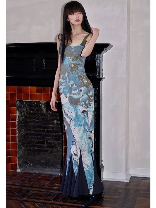 Bad Taste Western New Chinese Print Splicing Adjustable Strap Fishtail Dress Ready in Stock