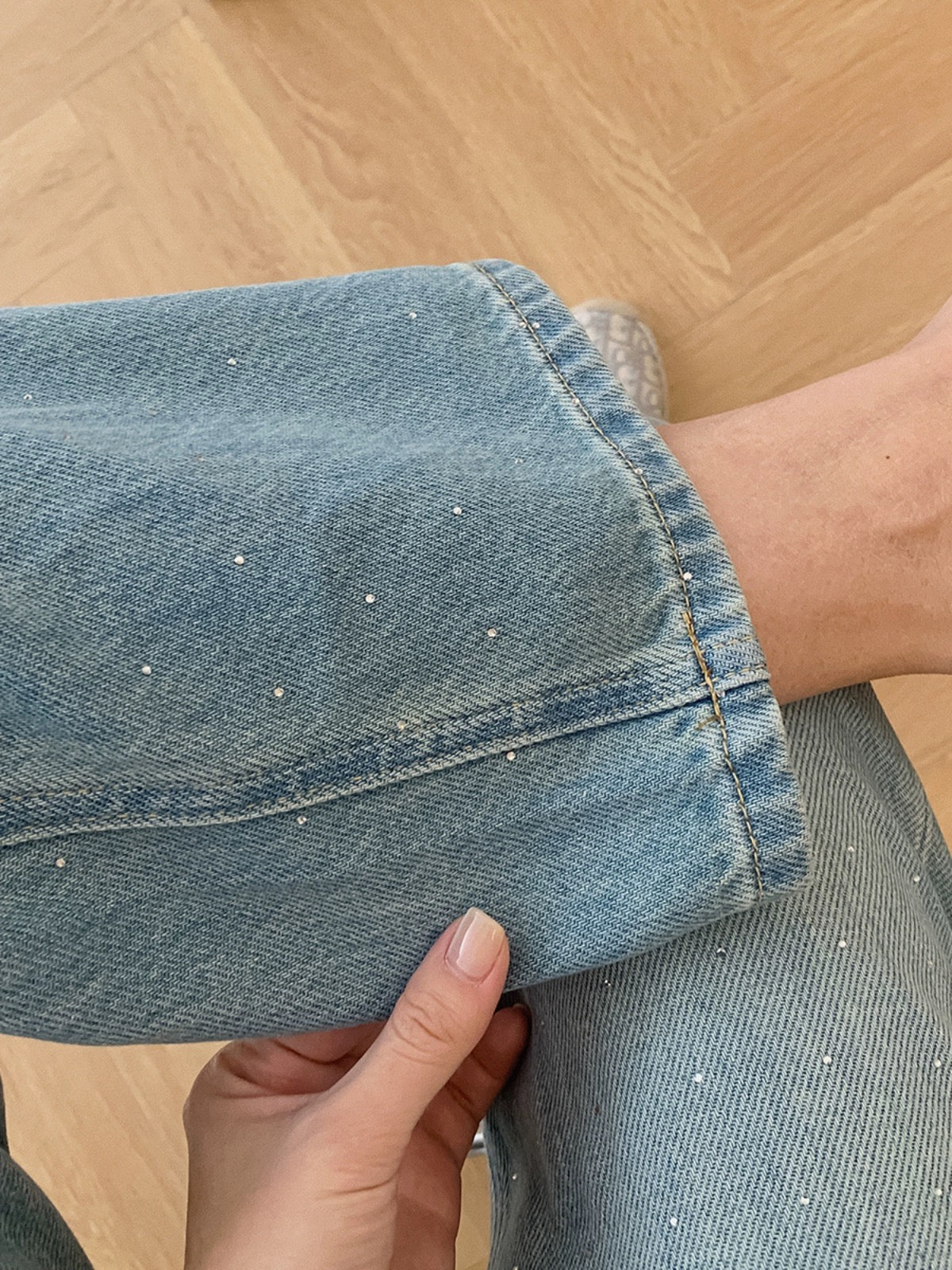 Dading homemade sea salt hot diamond! Light color lyocell handmade white wide leg pants for women spring and summer high waist jeans
