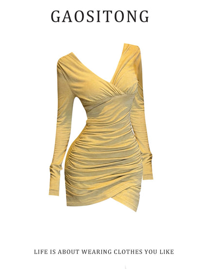 GAOSITONG Mature Style V-neck Long Sleeve Dress Women's Autumn/Winter 2025 Knitted Slim Fit Irregular Bodycon Skirt
