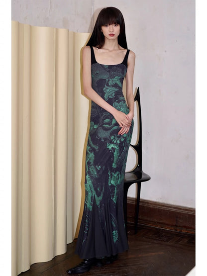 Bad Taste Western New Chinese Print Splicing Adjustable Strap Fishtail Dress Ready in Stock