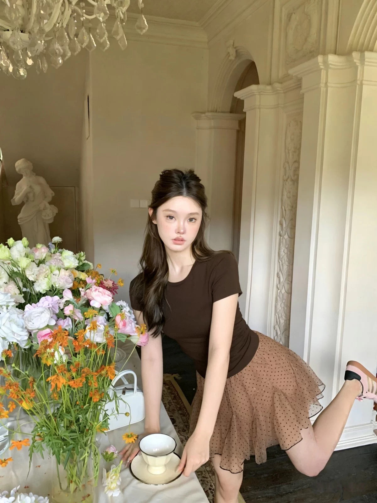 Gentle Style Two-Piece Set: Brown Short-Sleeve T-Shirt with Straight Shoulders, Summer Polka Dot Skirt, Mesh Apron Skirt