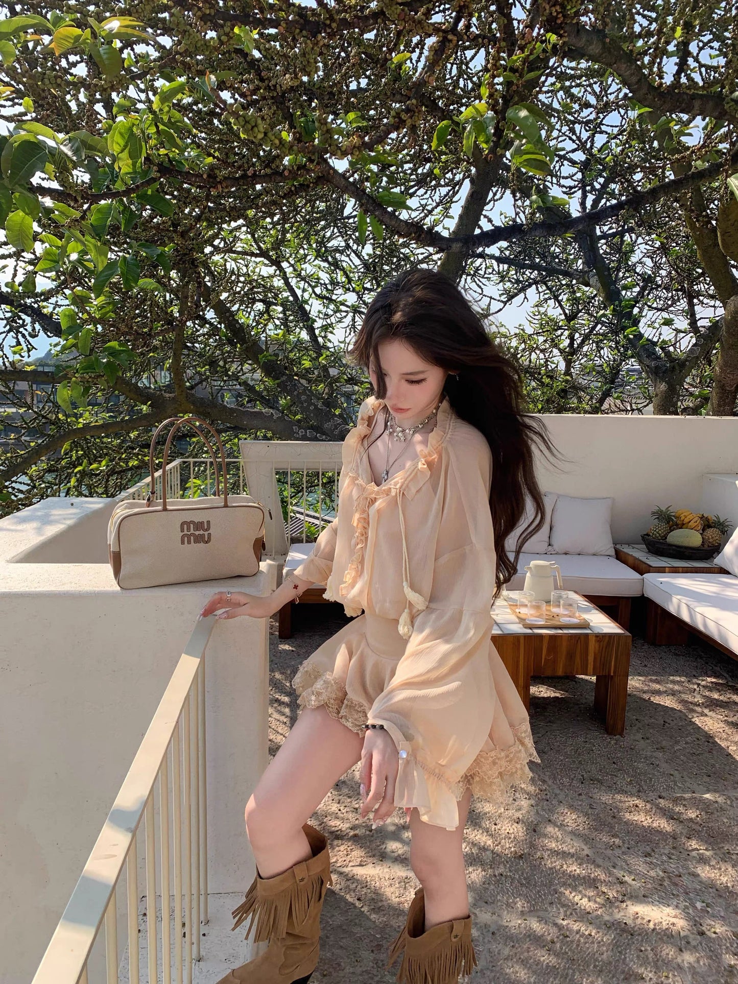 Pinky Piggy South France Holiday Beige Lace Dress Women's Lace Waist Lace Short Skirt