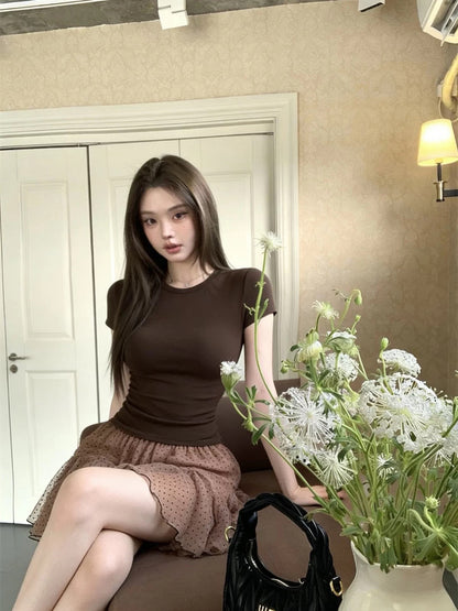Gentle Style Two-Piece Set: Brown Short-Sleeve T-Shirt with Straight Shoulders, Summer Polka Dot Skirt, Mesh Apron Skirt