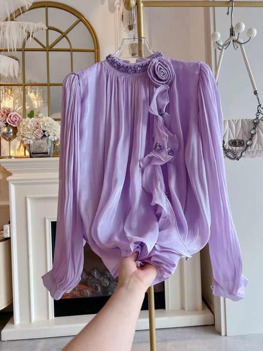 Women's Autumn/Winter 2026 Purple Chiffon Blouse – Loose Pullover with Intricate Rhinestone Embellishment, Tassels, and Lantern Sleeves