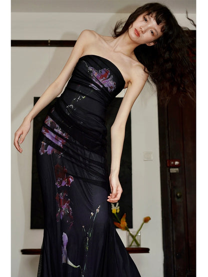 Bad Taste West New Chinese Summer Print Slim Fit Mesh Long Tube Dress Ready in Stock