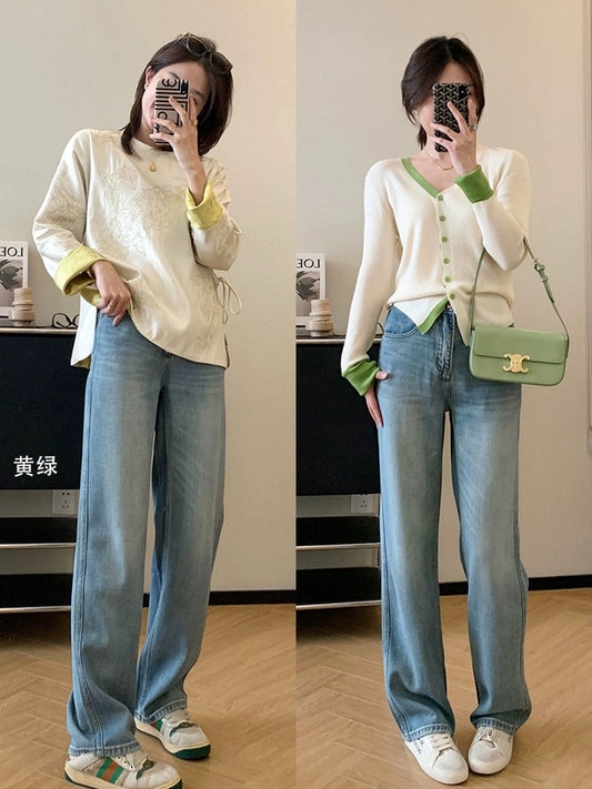 Dading homemade high proportion of Tencel and Hemp! 3D pressed pleated whiskers wide leg pants for women high waist straight jeans