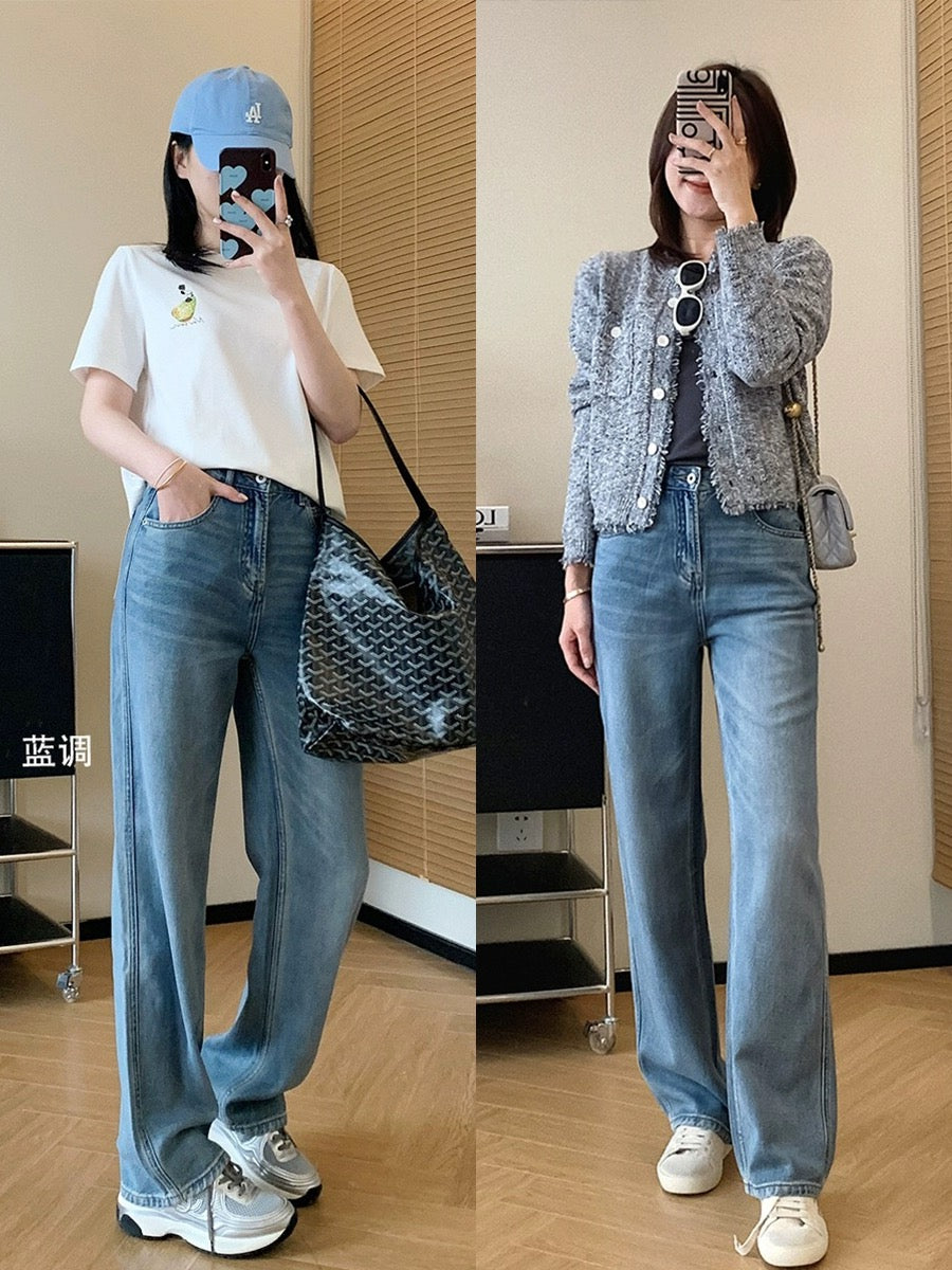 Dading homemade high proportion of Tencel and Hemp! 3D pressed pleated whiskers wide leg pants for women high waist straight jeans